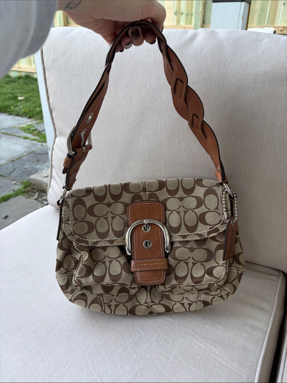 Y2K Coach Brown/Tan Signature Canvas Shoulder Bag with Braided Strap